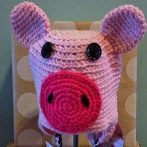 Children's Pink Pig Hand-Knit Hat with Braided Ties Size 2-8 years